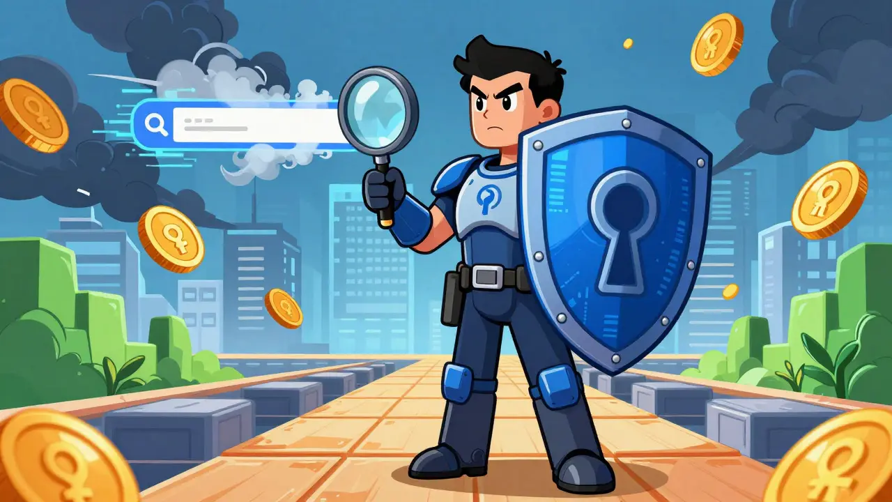 A digital hero shielding a blockchain path from scams with a security magnifying glass.