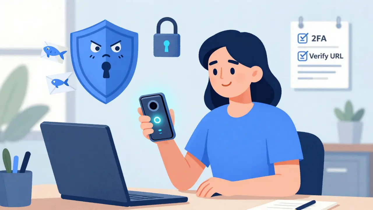 A user holding a glowing hardware wallet, protected by shields against phishing and scams.