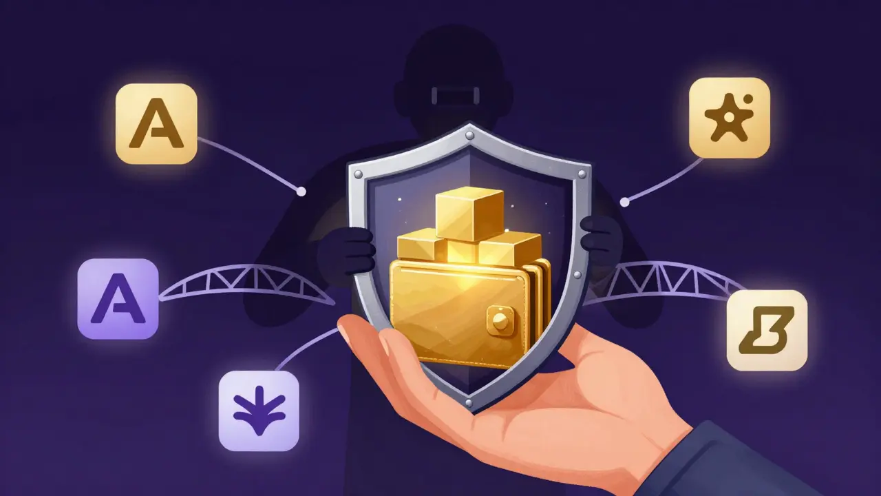 Cartoon of a blockchain shield protecting a digital wallet from centralized control, emphasizing security.
