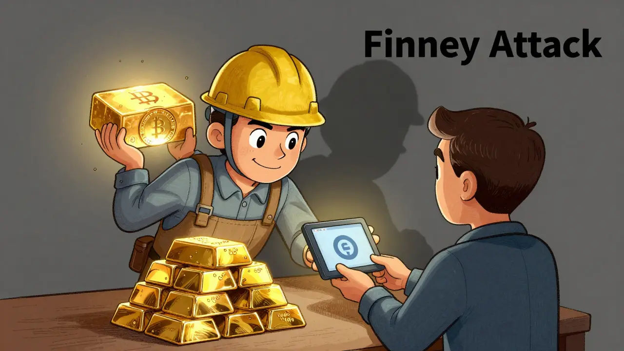 Cartoon of a miner hiding a block to execute a Finney attack on a merchant.
