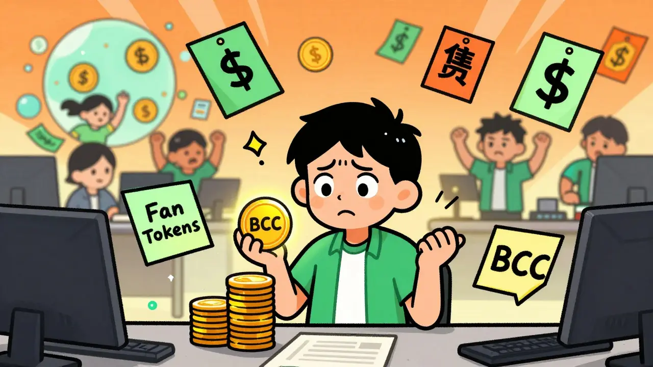 Confused trader surrounded by fan tokens and confusing fee structures