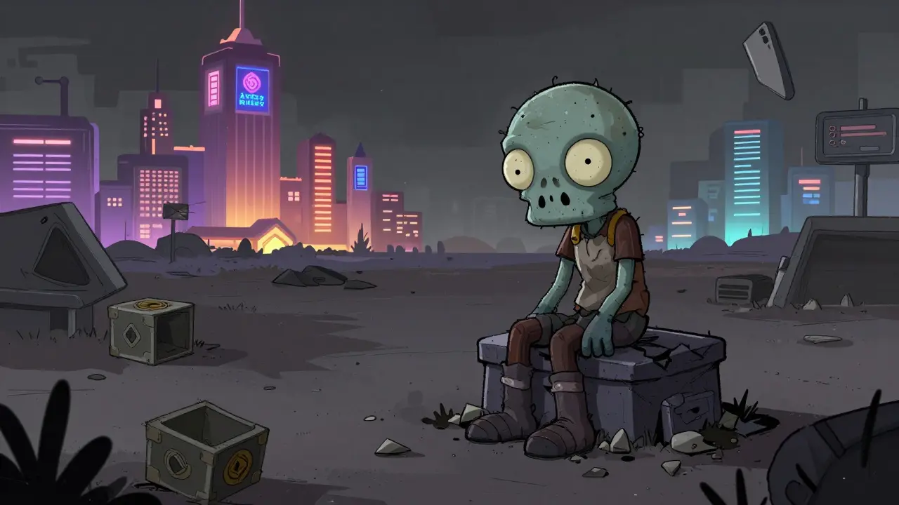 Desolate cartoon scene showing an abandoned zombie mascot and broken tokens.