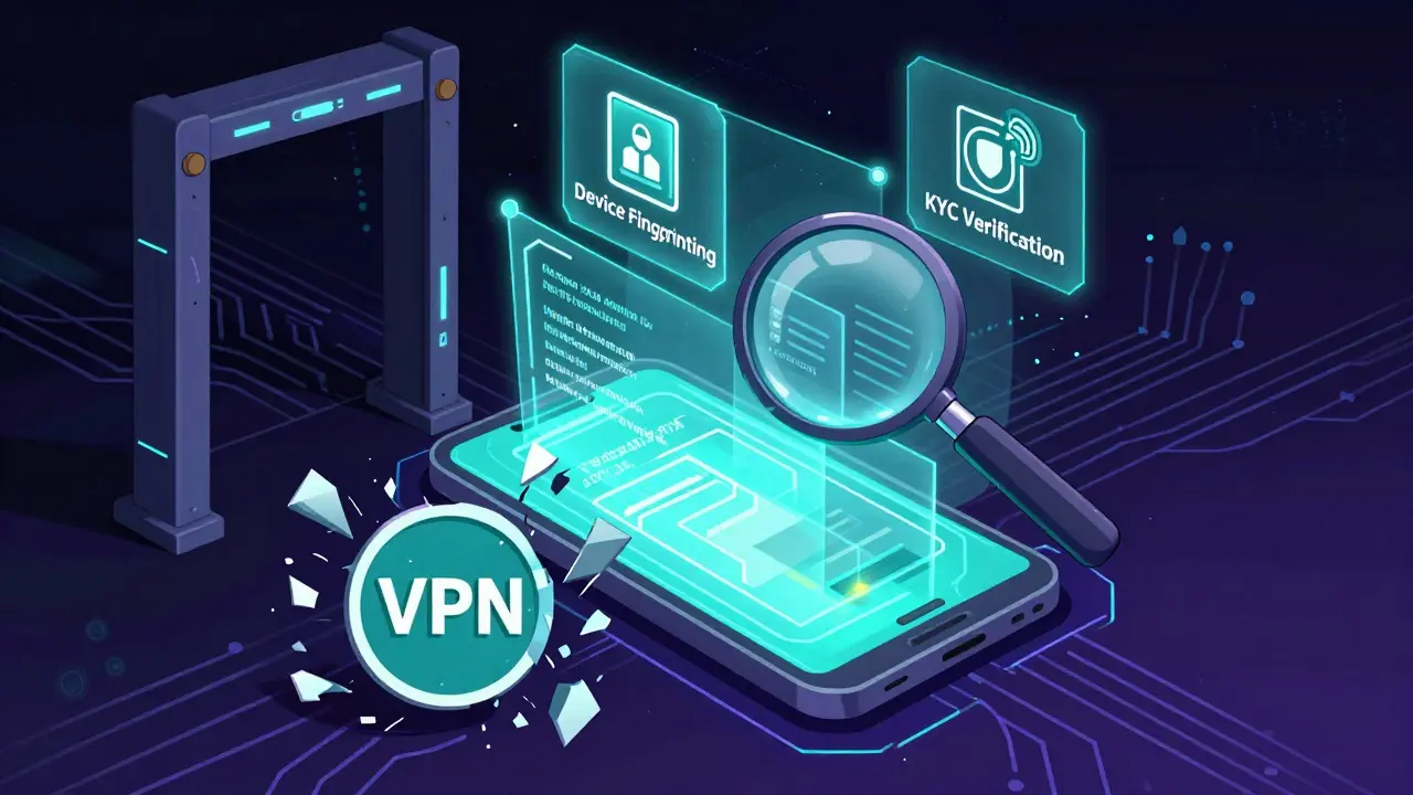 Digital art showing device fingerprinting tech detecting VPN usage