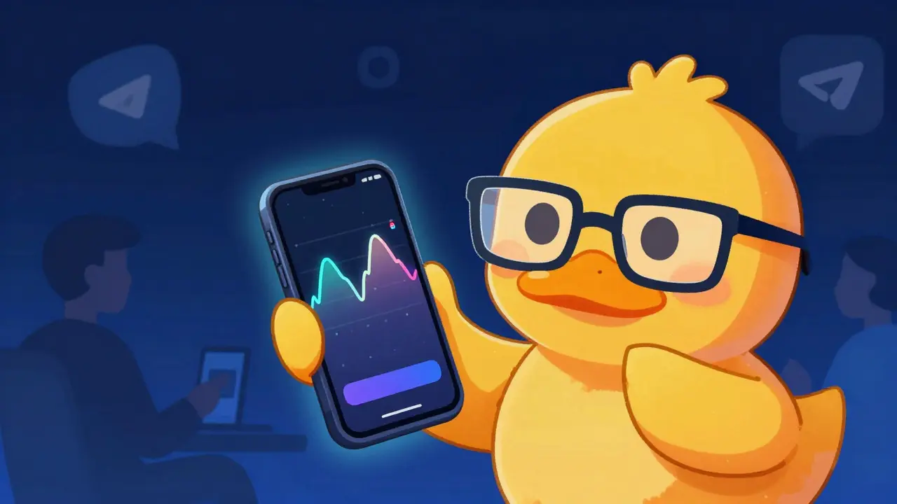 Duck character holding a glowing phone symbolizing crypto trading