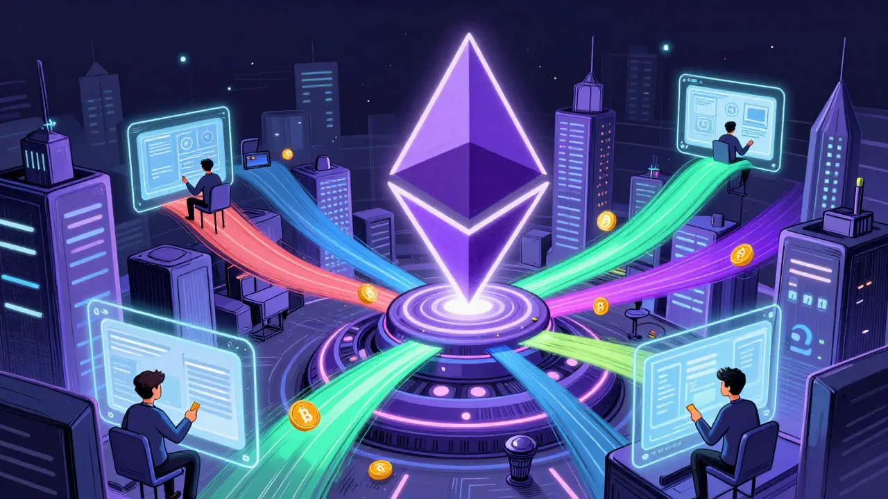 Ethereum hub powering digital apps and developers in illustration