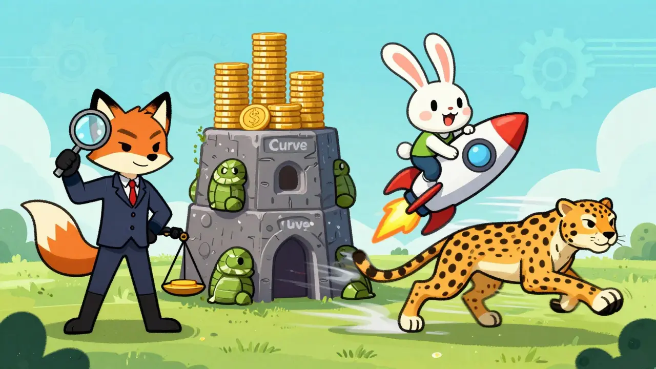 Four cartoon characters representing Uniswap, Curve, PancakeSwap, and Raydium protocols.