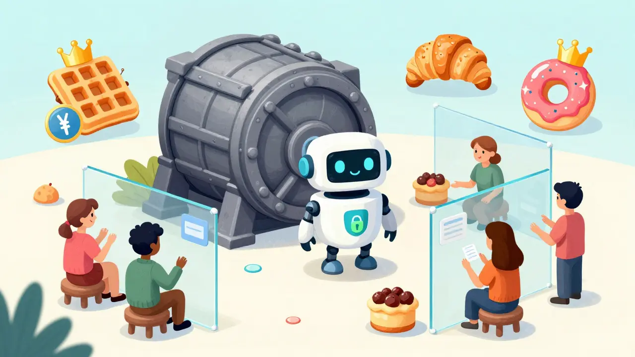 Friendly bakery robot managing secure NFT assets in a bright, safe digital environment.