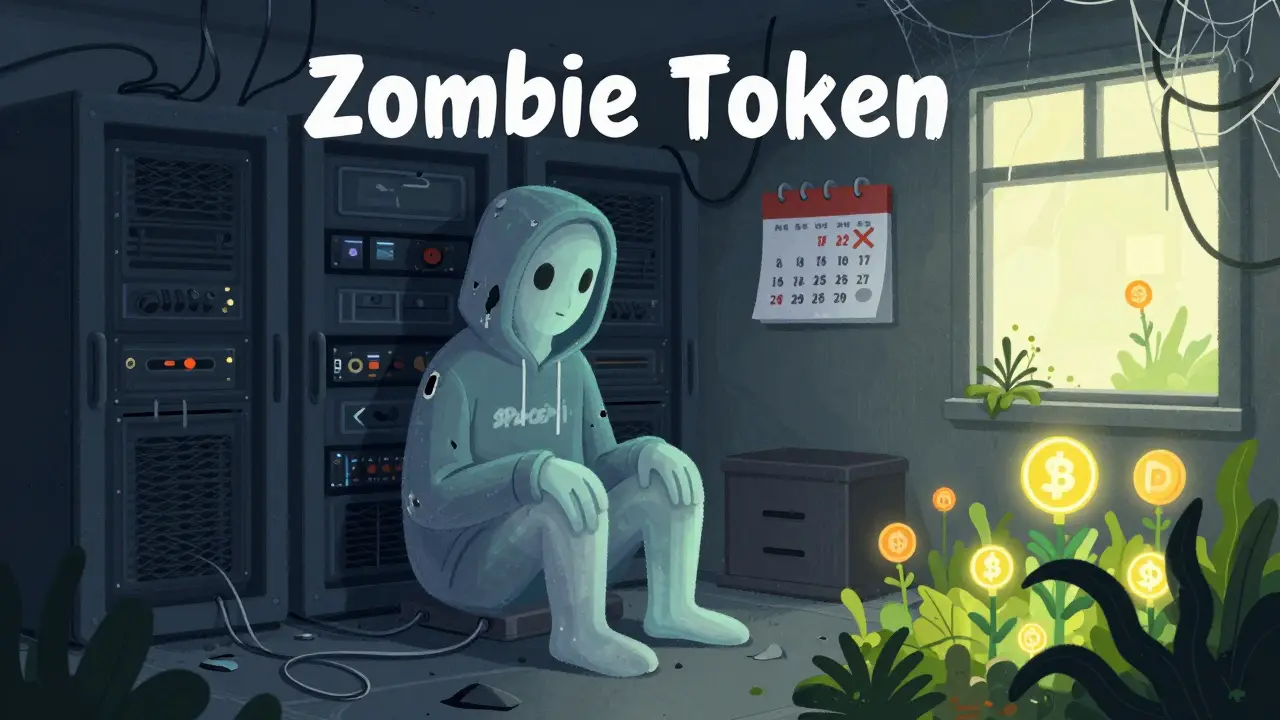 Ghostly zombie token sitting in an abandoned, cobweb-filled server room