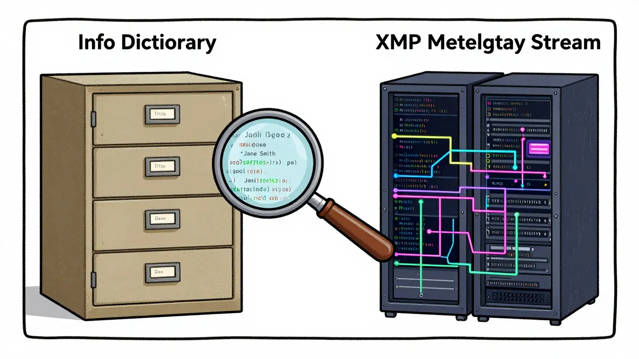 Hand-drawn diagram comparing Info Dictionary and XMP metadata streams with conflicting data.