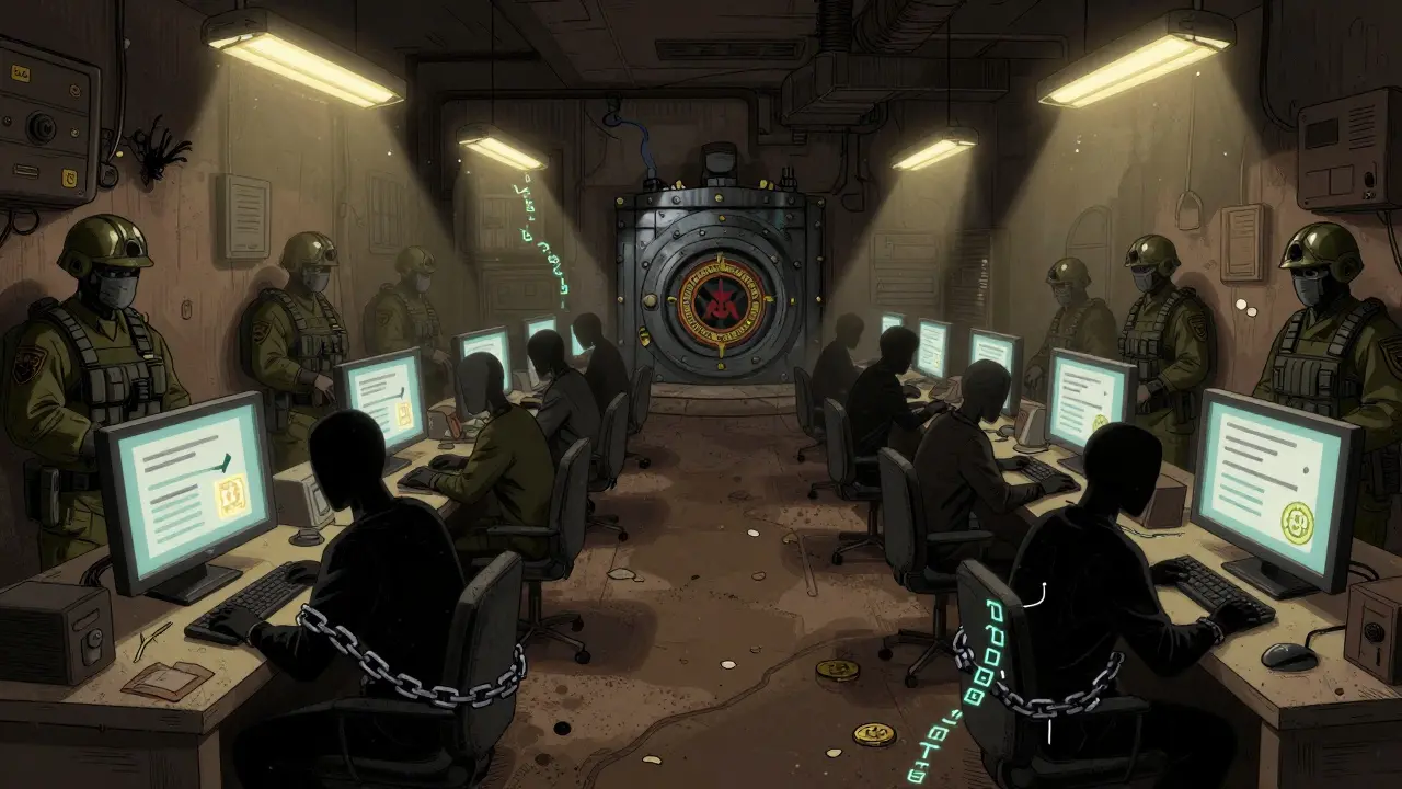 Hand-drawn scene of forced labor in a dark crypto scam compound guarded by militia