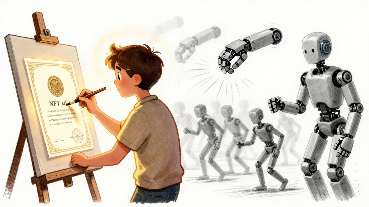 Human artist verifying work with NFTs against AI generation