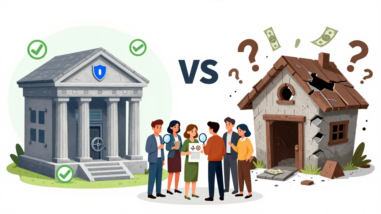 Illustration comparing a secure bank-like exchange to a crumbling scam shack with investors checking docs.