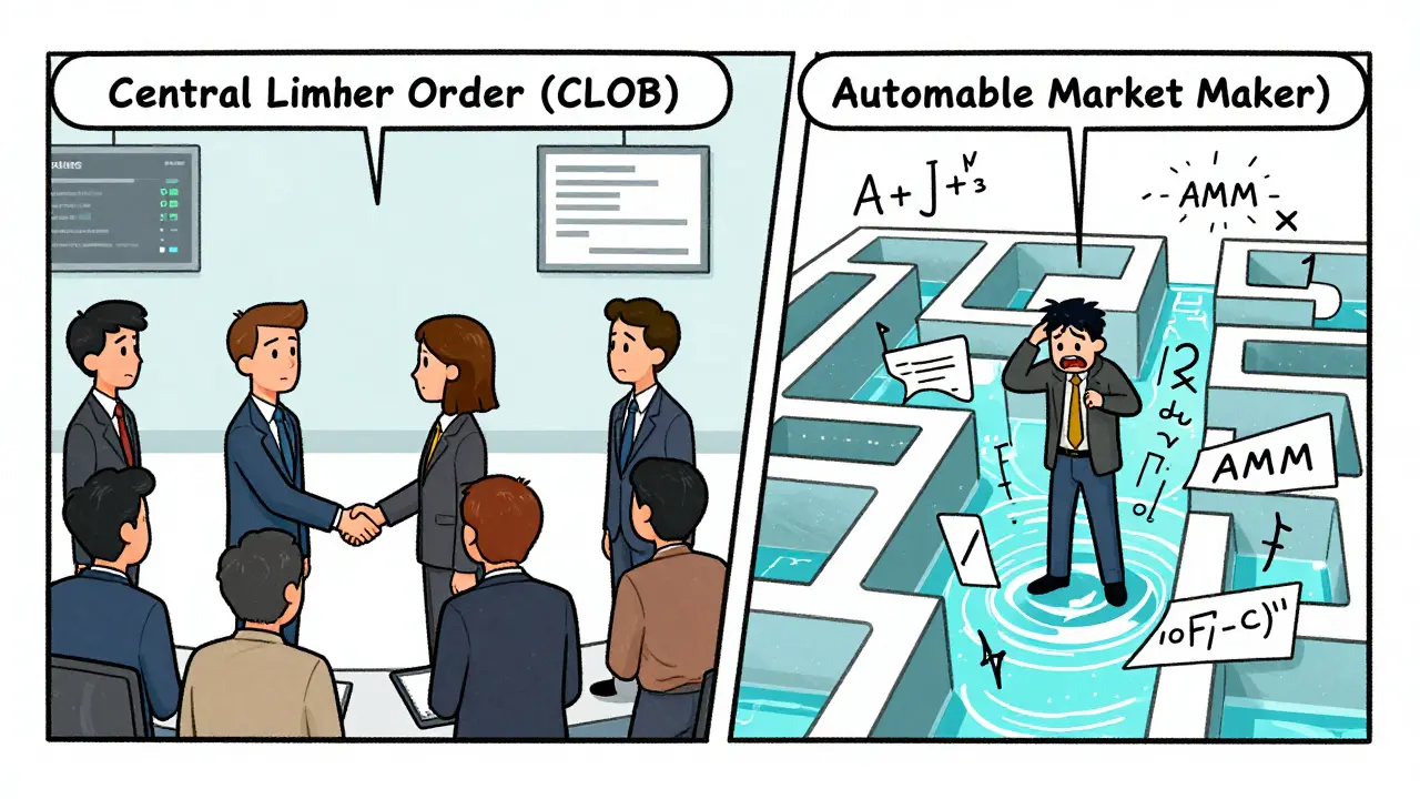 Illustration comparing orderly CLOB trading with chaotic AMM pools, showing reduced slippage benefits.