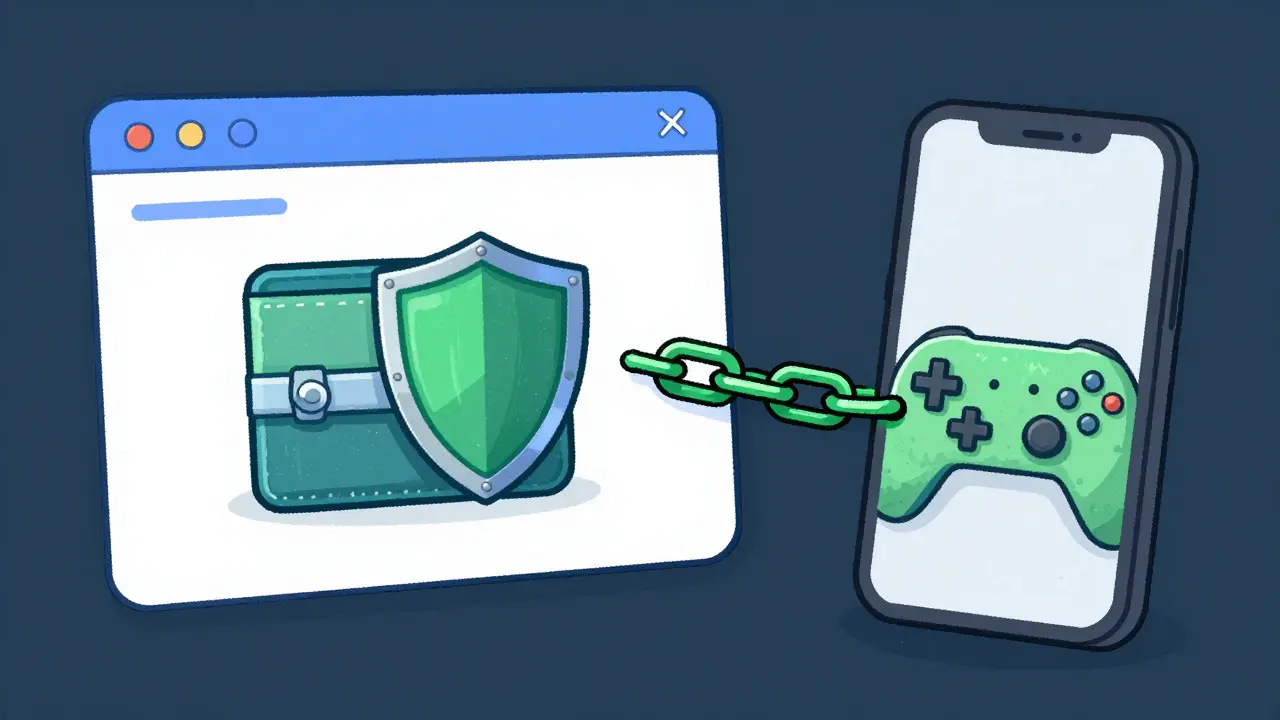 Illustration of a secure digital wallet connecting safely to a gaming app