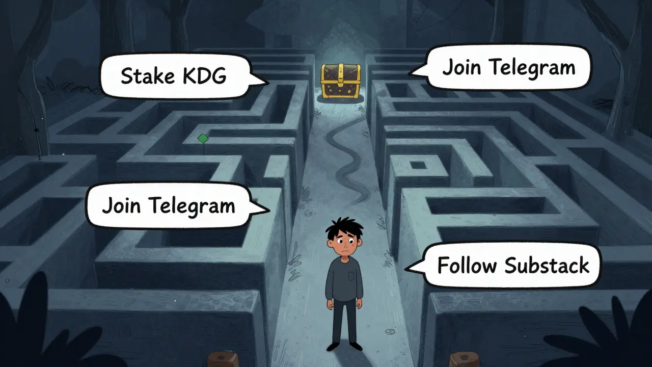 Illustration of a user navigating a complex maze of tasks to earn crypto rewards.