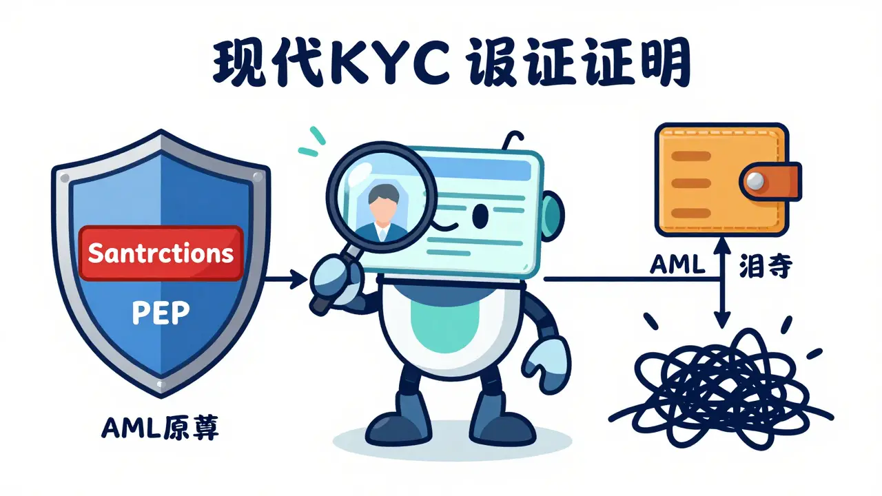 Illustration of AI checking ID, blocking sanctions, and monitoring clean transactions.