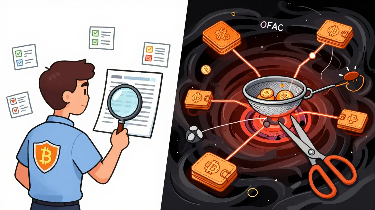 Illustration of crypto compliance officers blocking illicit transactions with shields