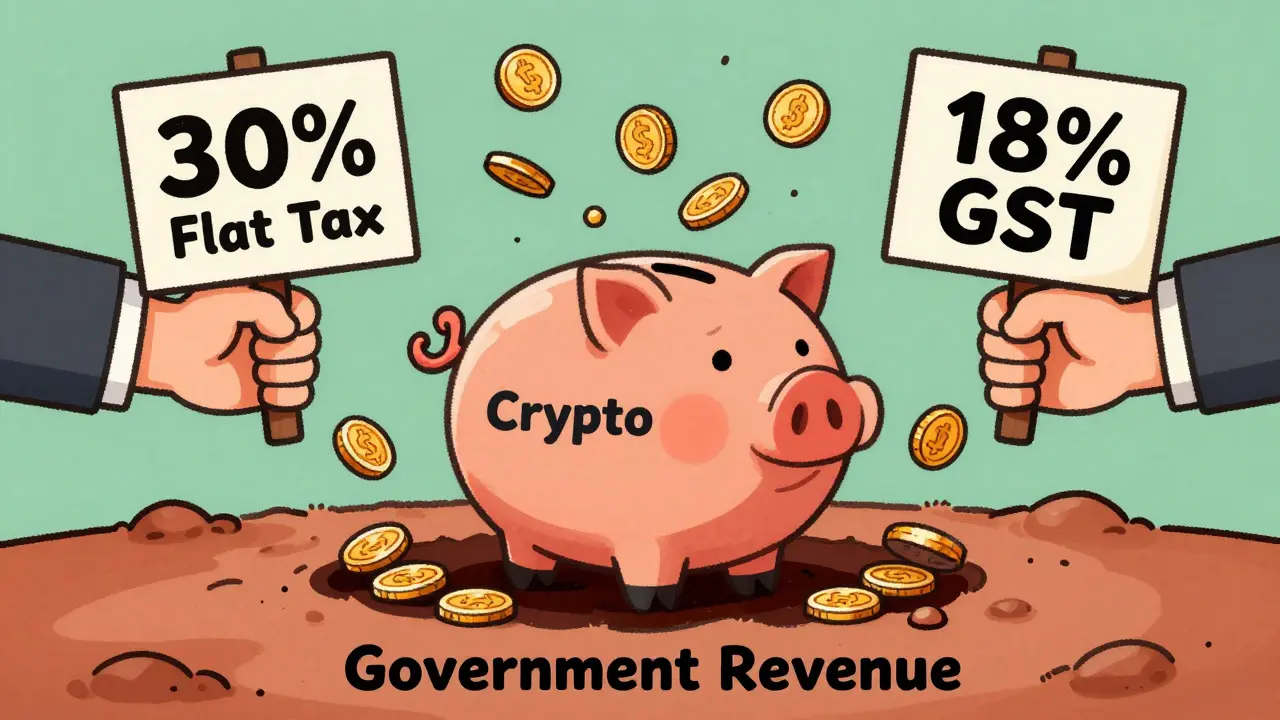 Illustration of taxes squeezing crypto profits in India