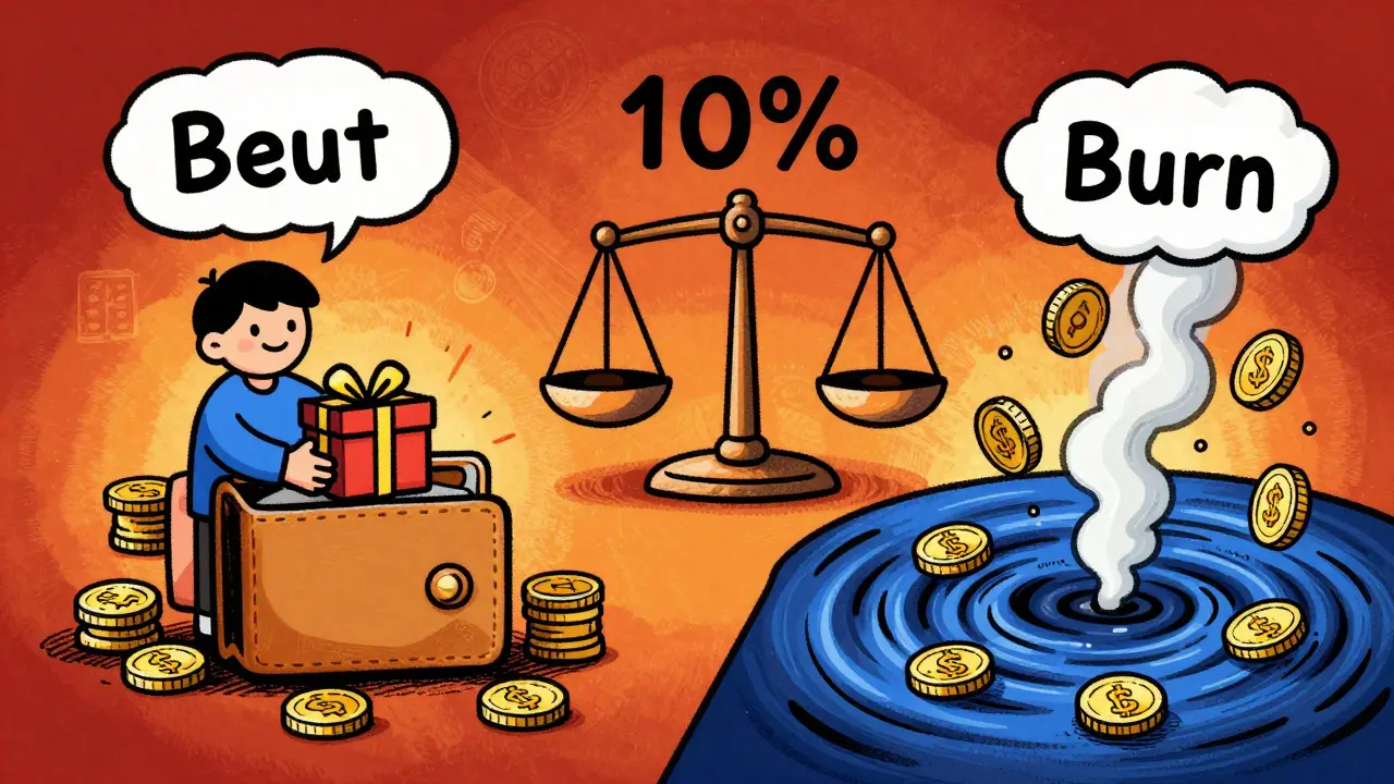 Illustration of token distribution, burning, and fee mechanics balance