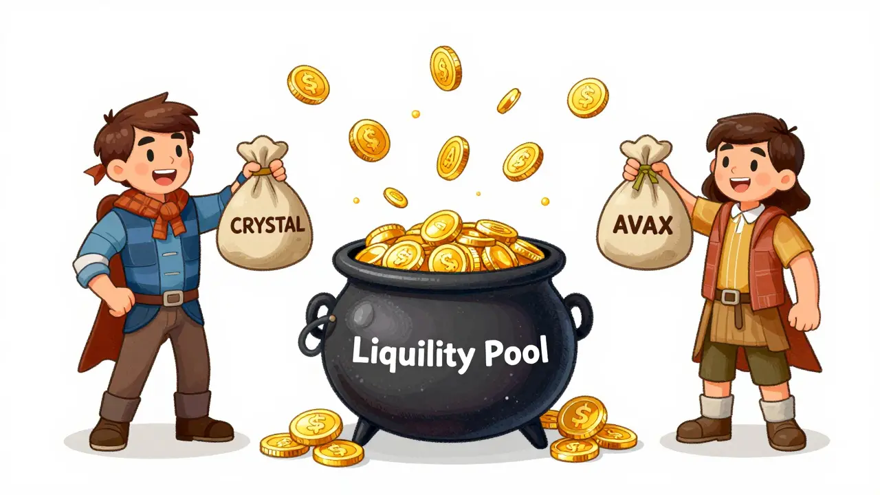 Illustration of users depositing tokens into a fantasy liquidity pool cauldron.
