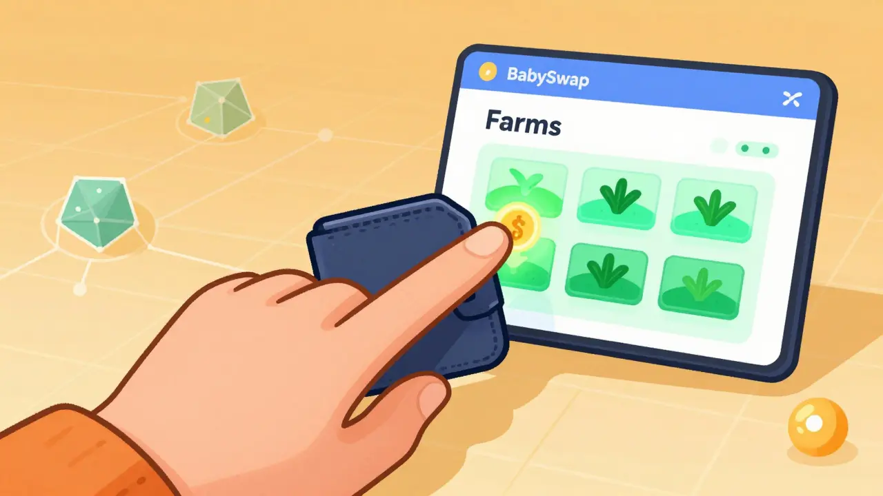 Illustration of wallet connected to BabySwap farms harvesting yield farming rewards