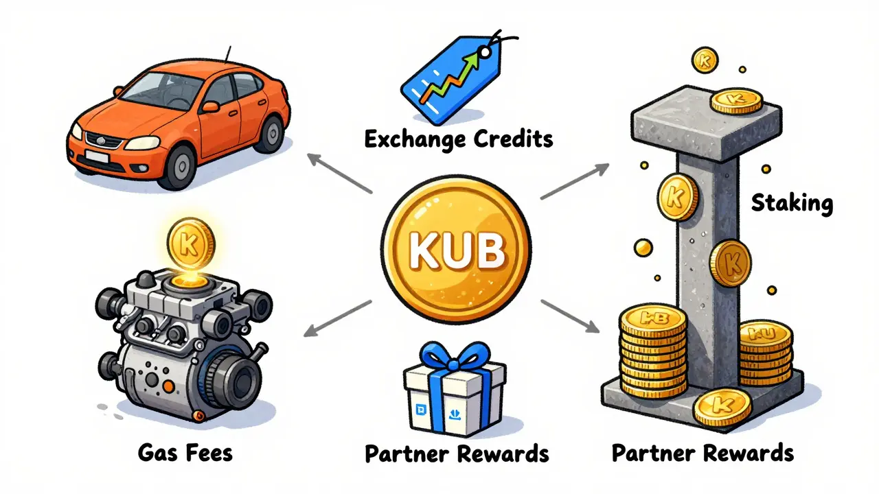 Illustration showing KUB token utilities: gas fees, staking, credits, and rewards.