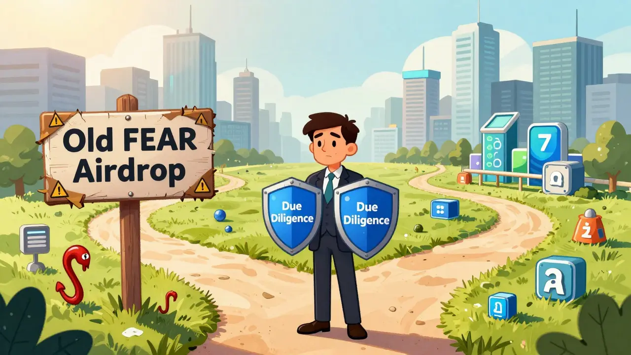 Investor choosing safe modern crypto paths over risky old FEAR scams