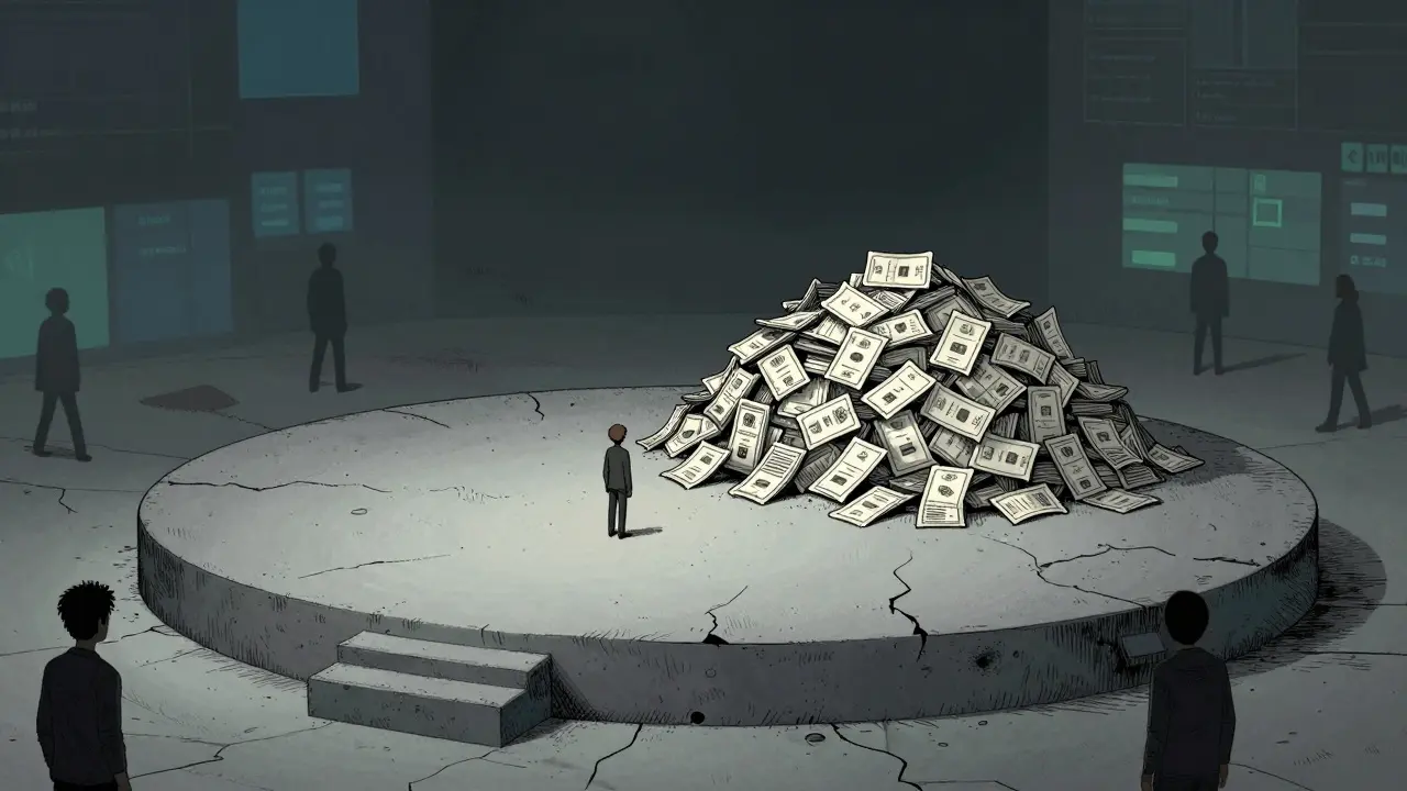 Lonely trader on an empty stage surrounded by worthless tickets