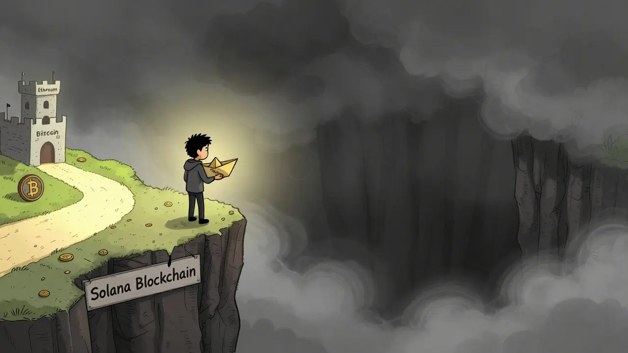Person risking a token on a boat at the edge of a dangerous cliff