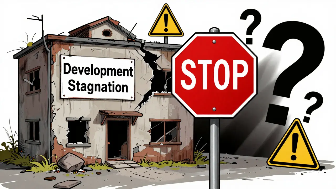 Red stop sign warning against development stagnation