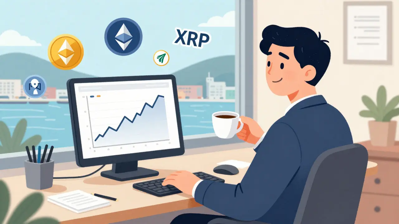 Relaxed trader using GOPAX app with stable crypto growth chart