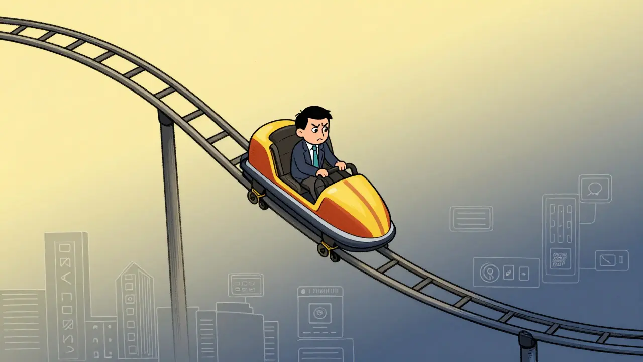 Rollercoaster graph showing price drop and unfulfilled project goals
