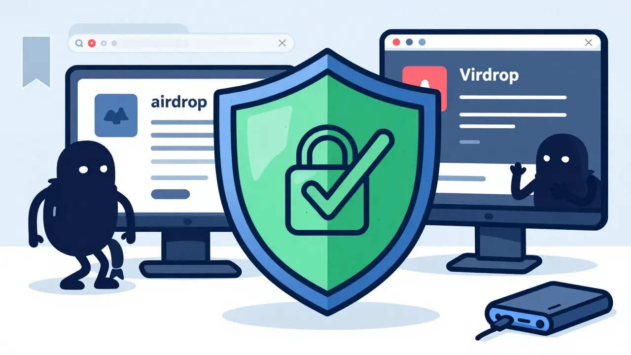 Security shield protecting crypto wallet from phishing scams and fake airdrops