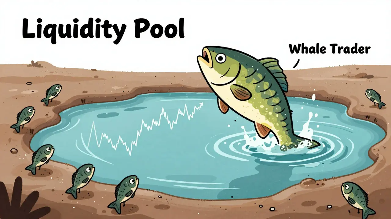 Shallow liquidity pool with a large whale trader causing price crashes
