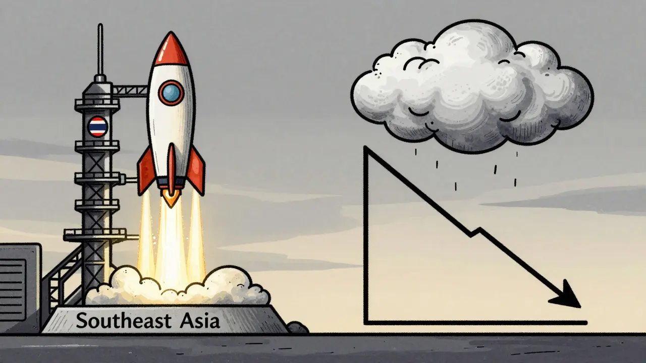 Split illustration of Southeast Asian crypto growth and stabilizing market trends.