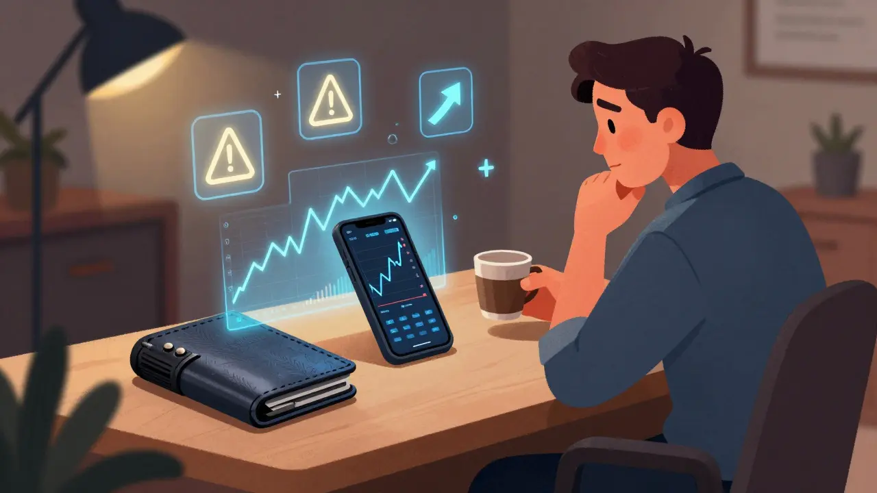 Trader analyzing crypto charts with hardware wallet
