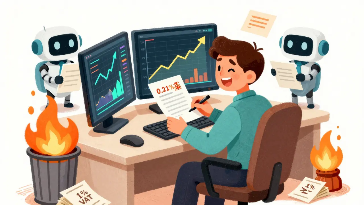 Trader celebrating lower crypto taxes with a compliant robot auditor