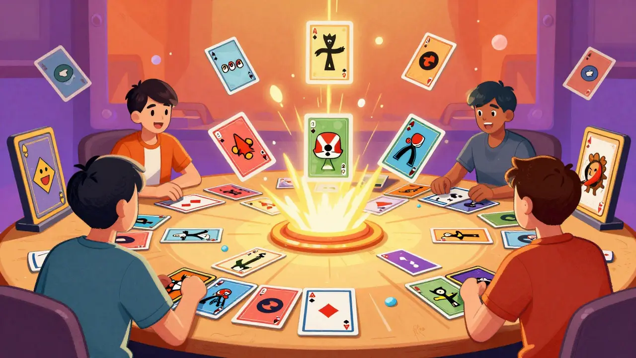 Two players competing in a vibrant, meme-themed digital card game battle