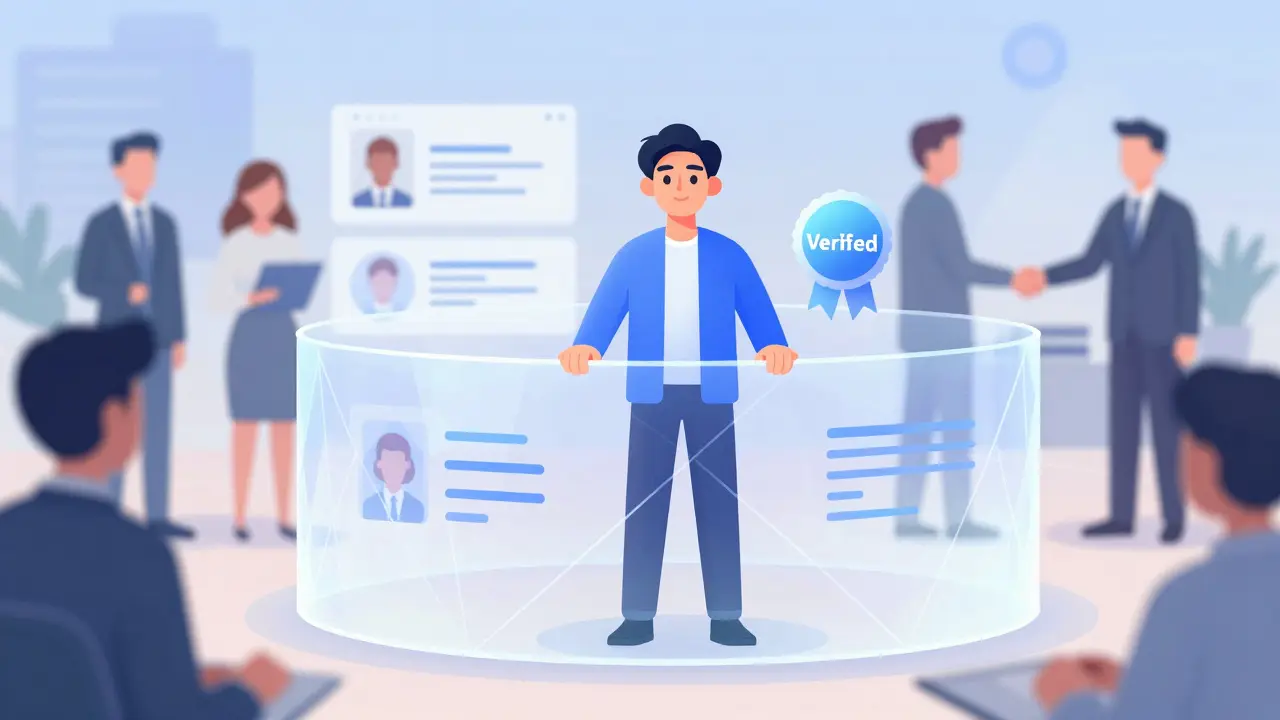 User behind zero-knowledge proof barrier with verified badge and institutional partners.