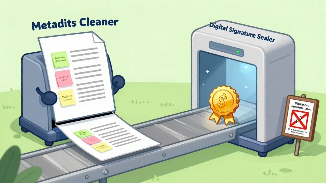 Workflow illustration showing PDF metadata cleaning before applying a digital signature seal.