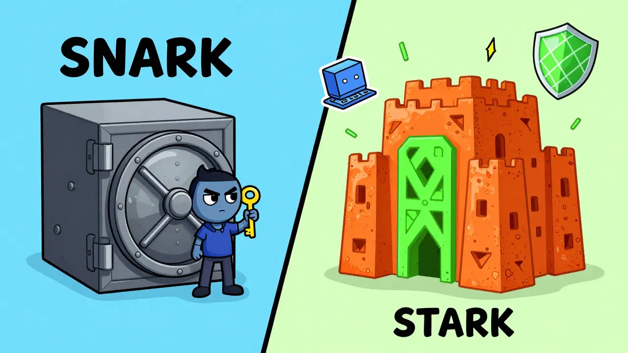 Cartoon comparison of SNARK vault with key vs STARK fortress without