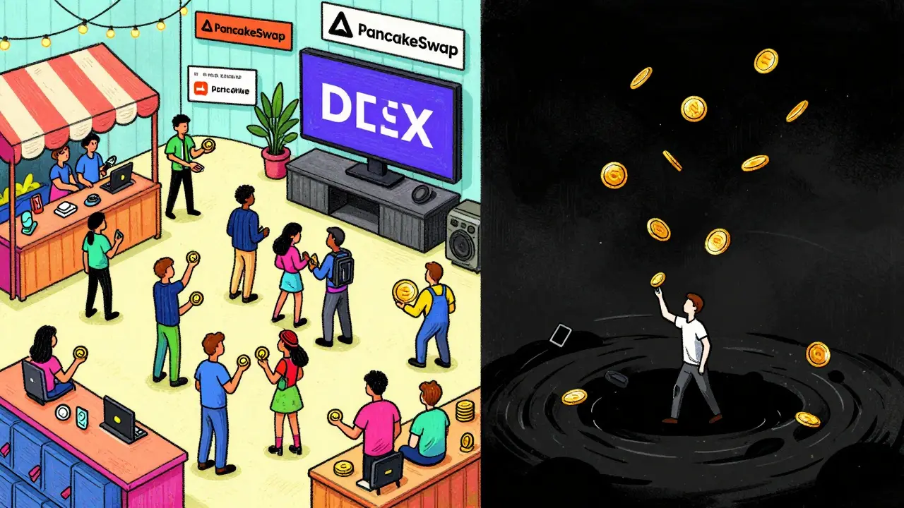 Cartoon contrast: busy market vs empty void showing zero liquidity risk