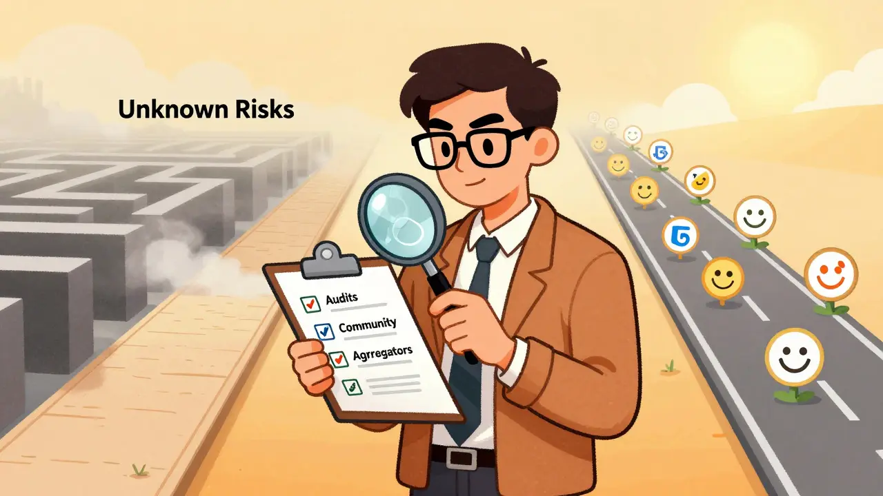Cartoon investor checking a security checklist to verify a crypto exchange's legitimacy.
