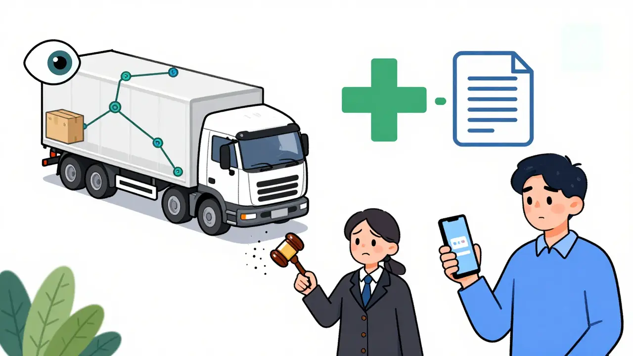 Cartoon of trucks and medical icons linked by blockchain tech