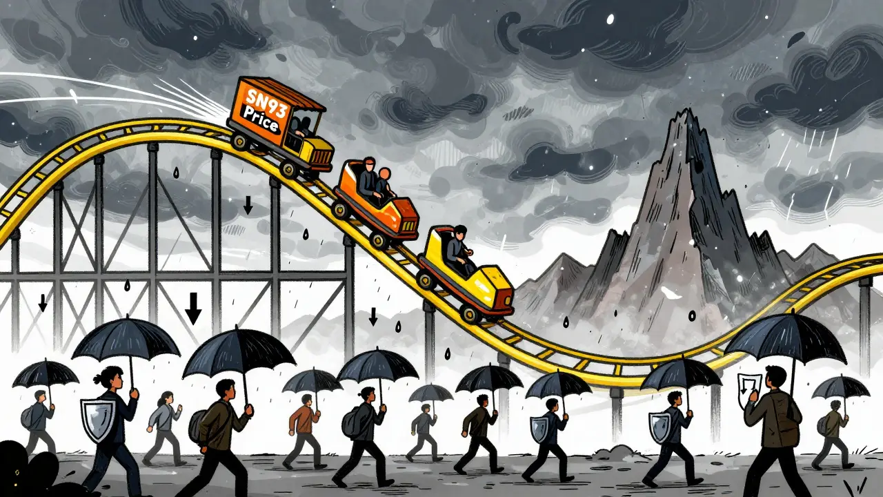 Cartoon rollercoaster dropping sharply, symbolizing high crypto price volatility