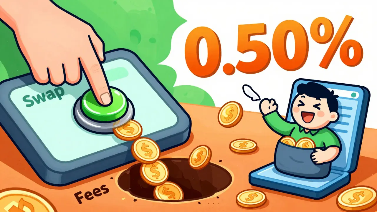 Cartoon showing high trading fees draining coins compared to low-fee alternative