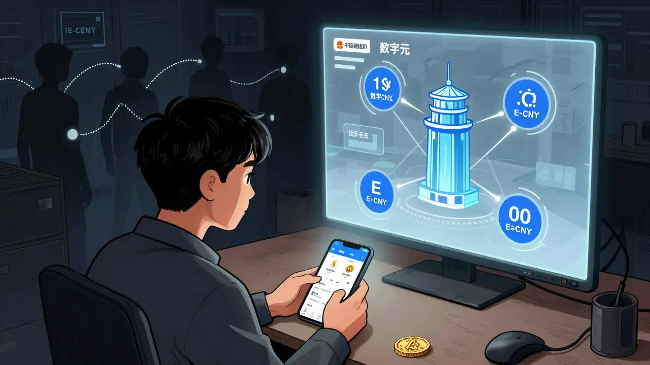 Citizen using P2P crypto trading while digital yuan network monitors