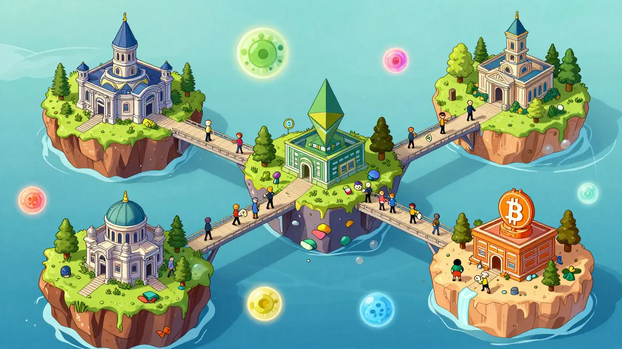 Colorful cartoon islands connected by bridges showing cross-chain asset flow