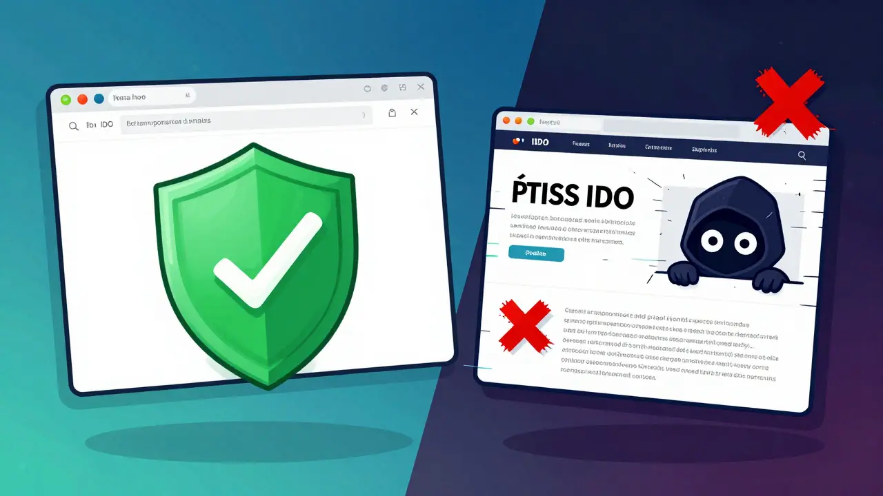 Comparison of legitimate vs fake crypto website interfaces with safety shields