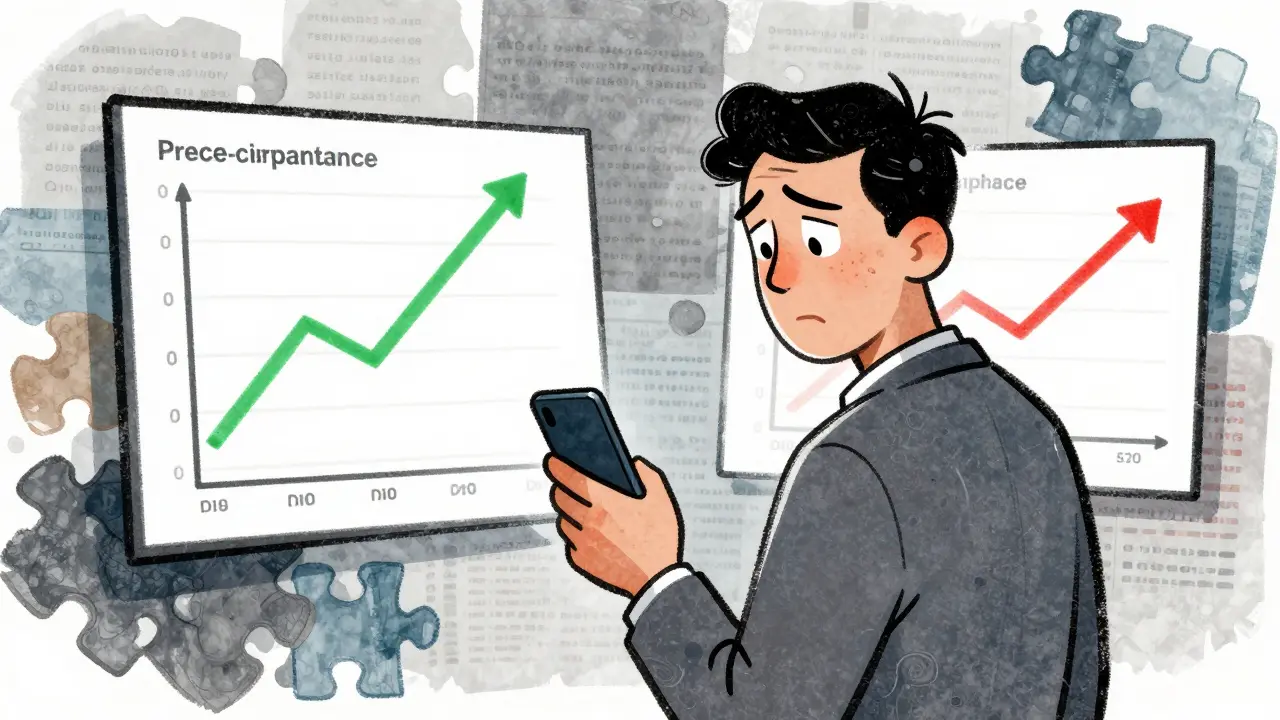 Confused person looking at conflicting crypto price charts